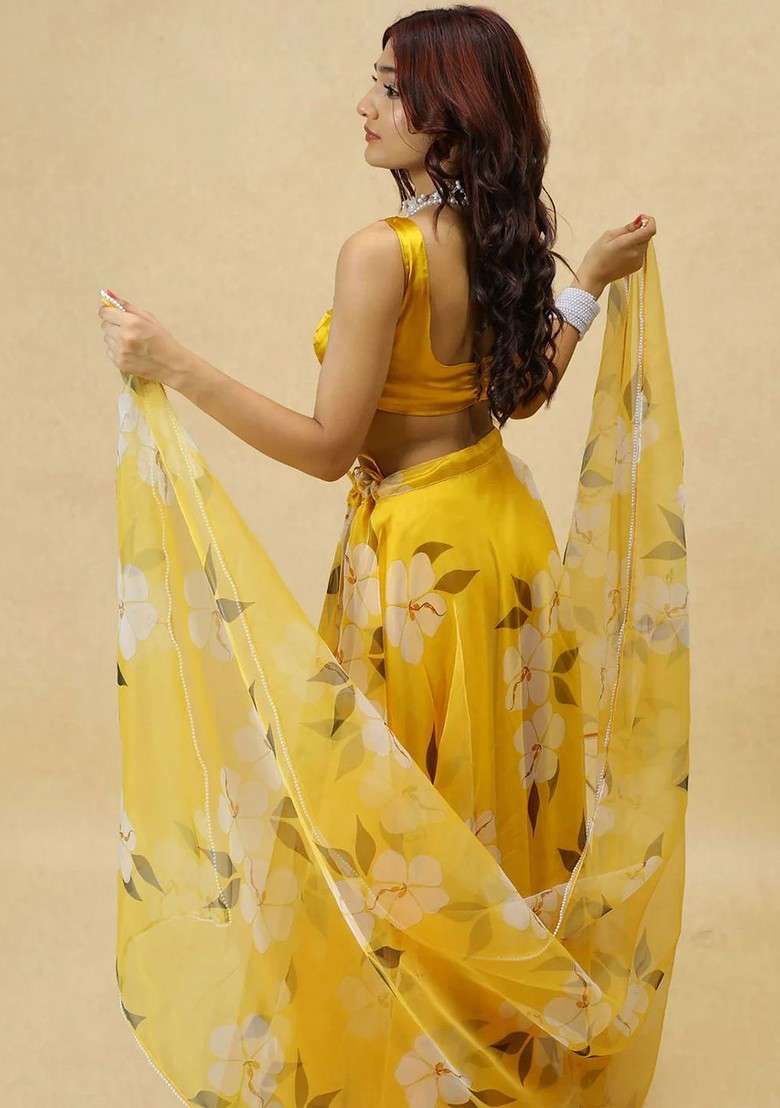 Yellow Printed Blended Lehenga Choli - Indya