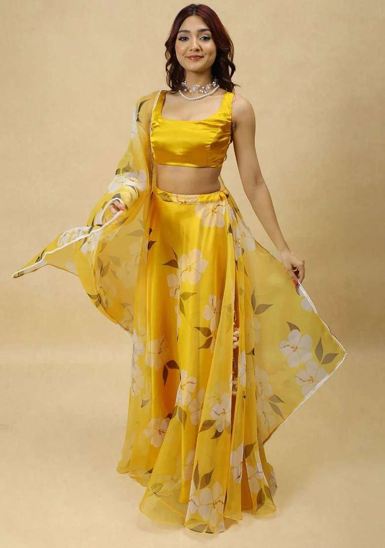 Yellow Printed Blended Lehenga Choli - Indya