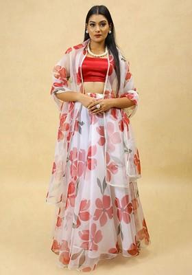 White Printed Blended Lehenga Choli