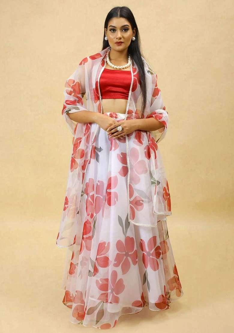 White Printed Blended Lehenga Choli - Indya