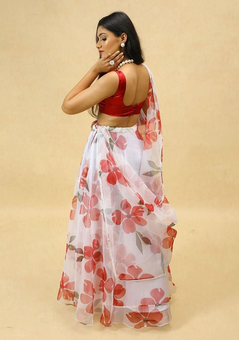 White Printed Blended Lehenga Choli - Indya