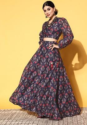 Navy Blue Printed Blended Lehenga Choli