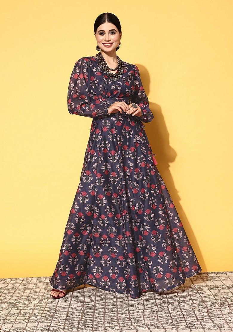 Navy Blue Printed Blended Lehenga Choli - Indya