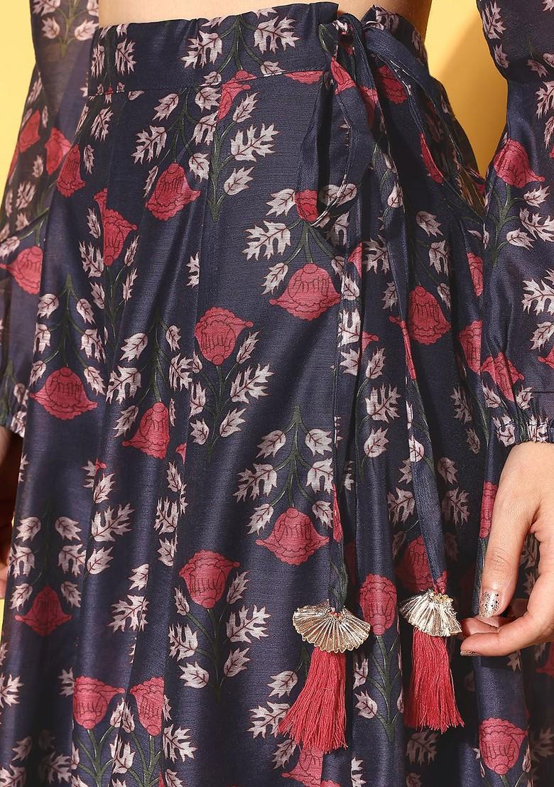Navy Blue Printed Blended Lehenga Choli