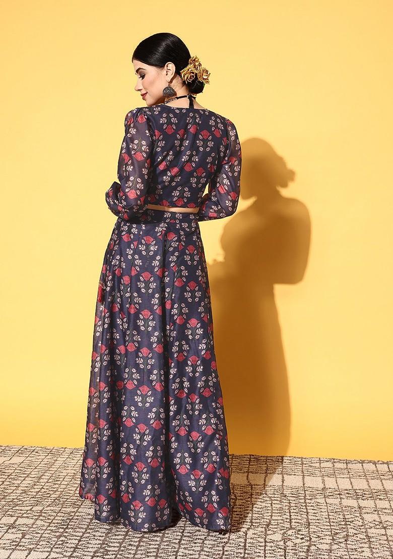 Navy Blue Printed Blended Lehenga Choli - Indya