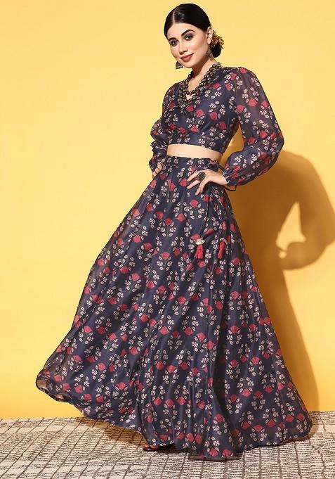 Navy Blue Printed Blended Lehenga Choli