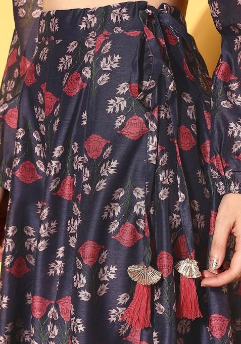Navy Blue Printed Blended Lehenga Choli