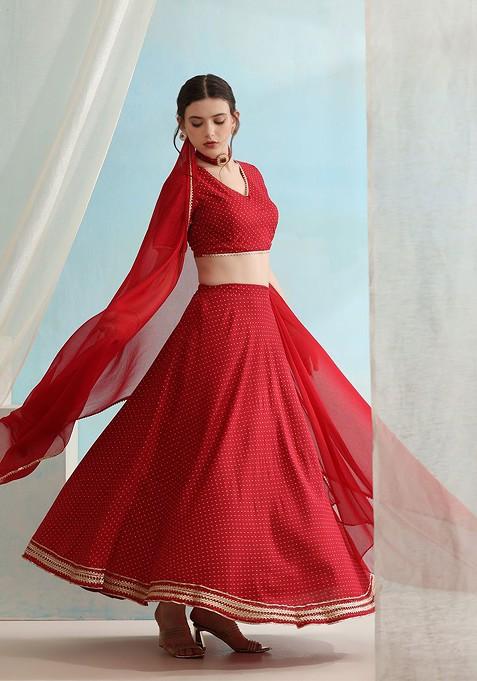 Red Printed Blended Lehenga Choli