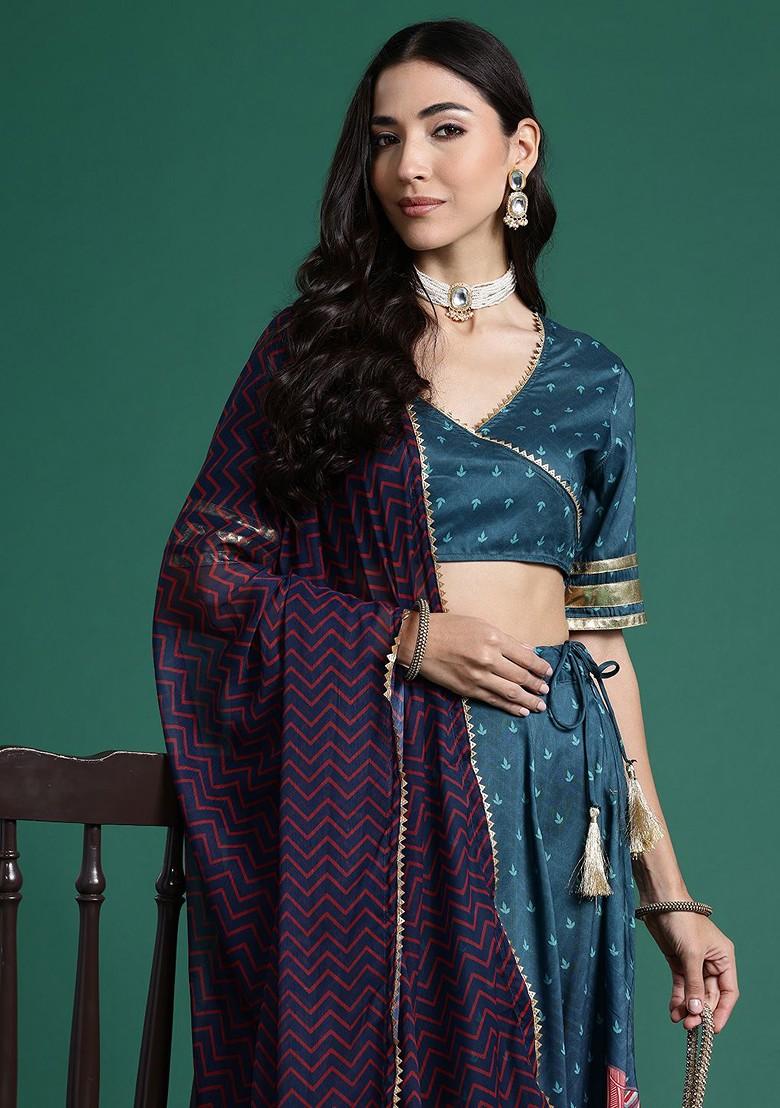 Teal Printed Blended Lehenga Choli