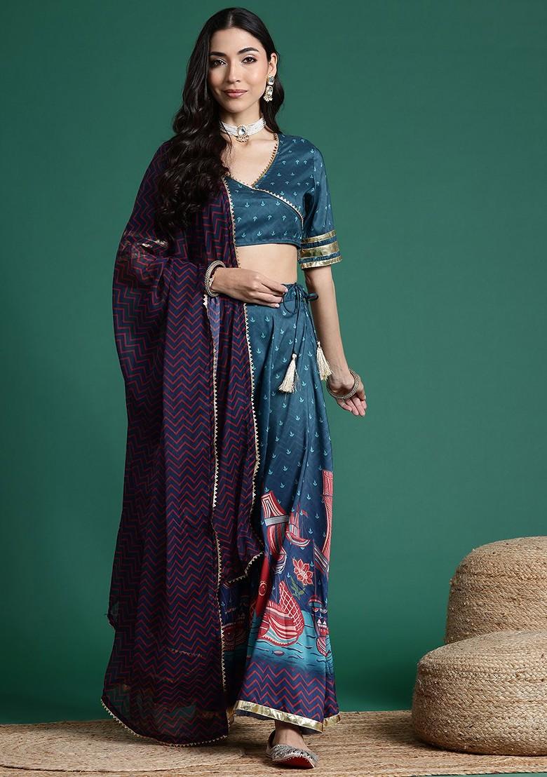 Teal Printed Blended Lehenga Choli