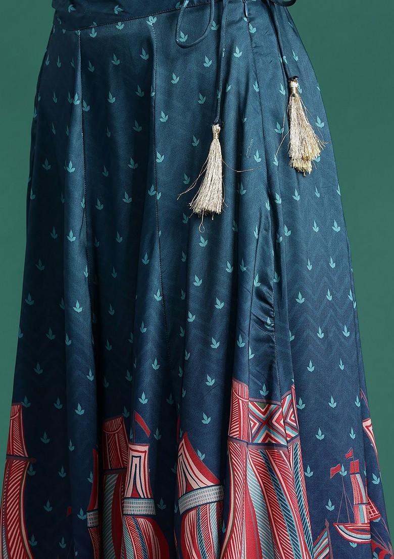 Teal Printed Blended Lehenga Choli