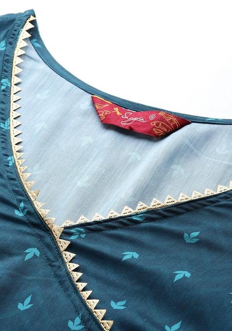 Teal Printed Blended Lehenga Choli