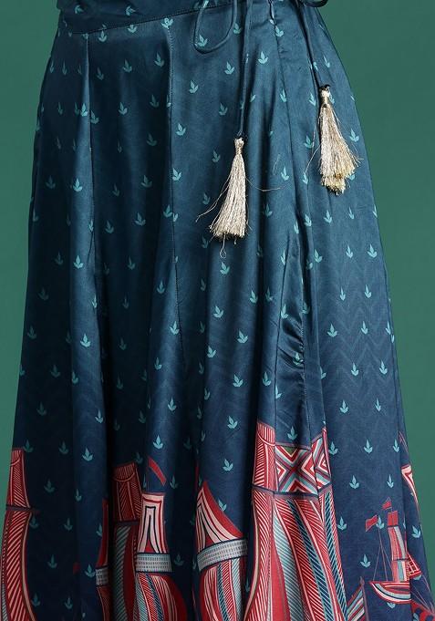 Teal Printed Blended Lehenga Choli