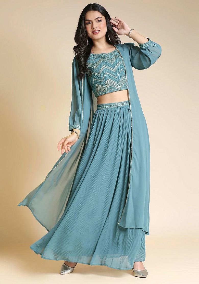 Teal Embellished Blended Lehenga Choli - Indya