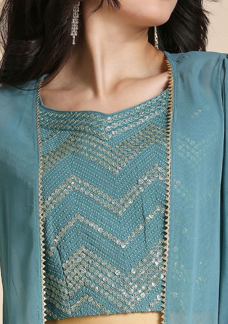 Teal Embellished Blended Lehenga Choli