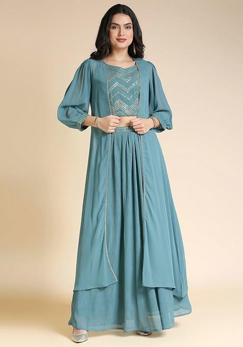 Teal Embellished Blended Lehenga Choli