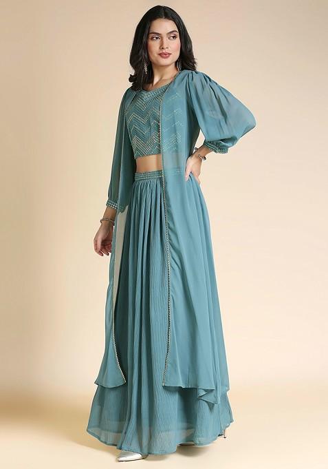 Teal Embellished Blended Lehenga Choli
