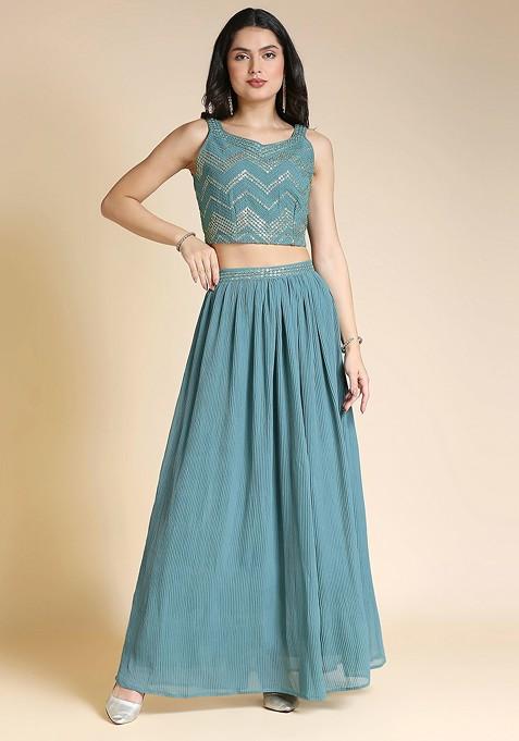 Teal Embellished Blended Lehenga Choli