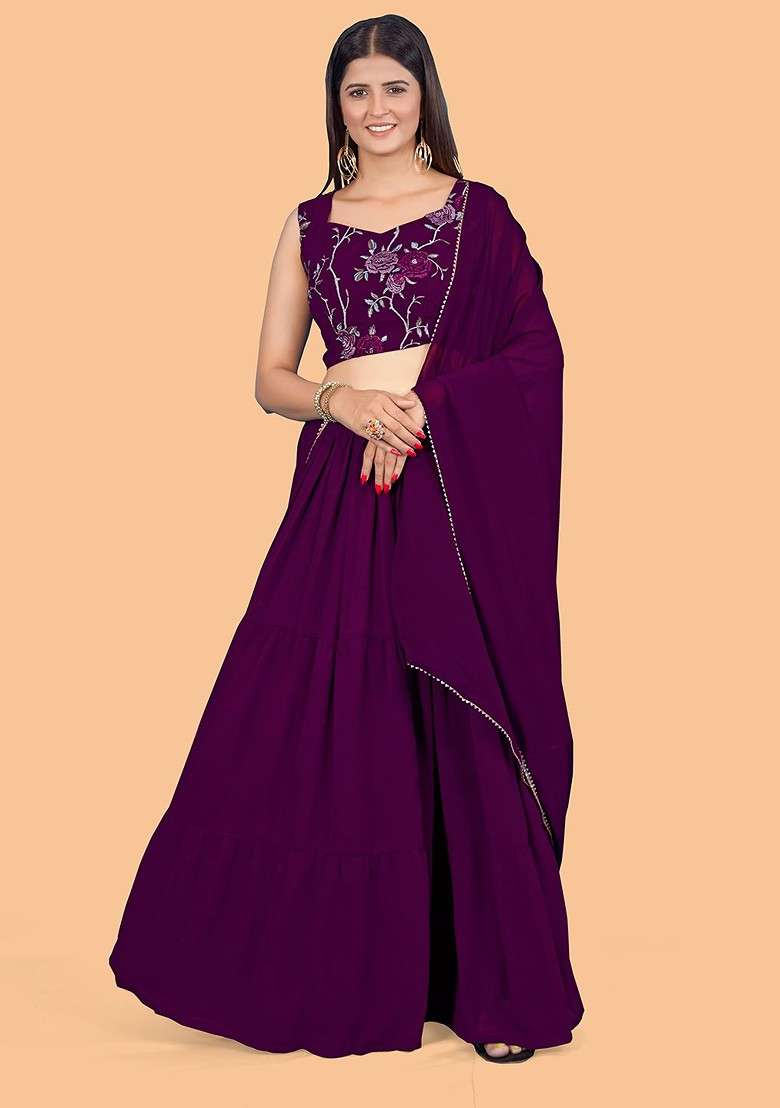Purple Emboridered Blended Lehenga Choli - Indya
