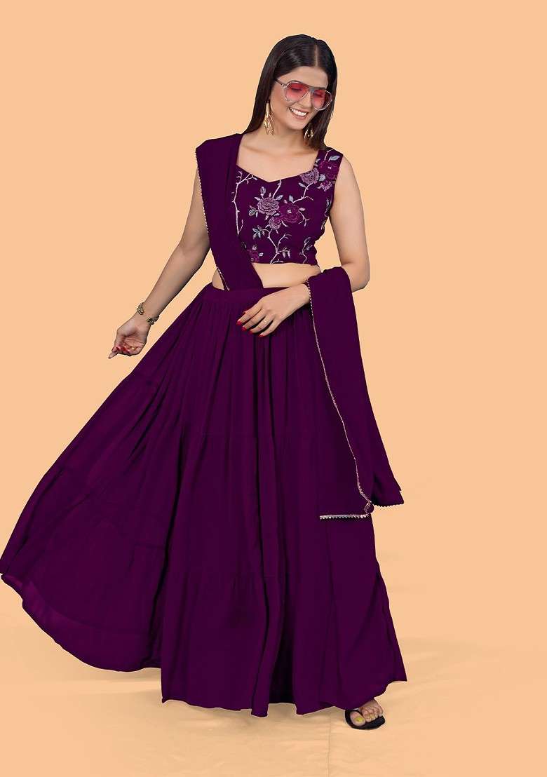 Purple Emboridered Blended Lehenga Choli - Indya