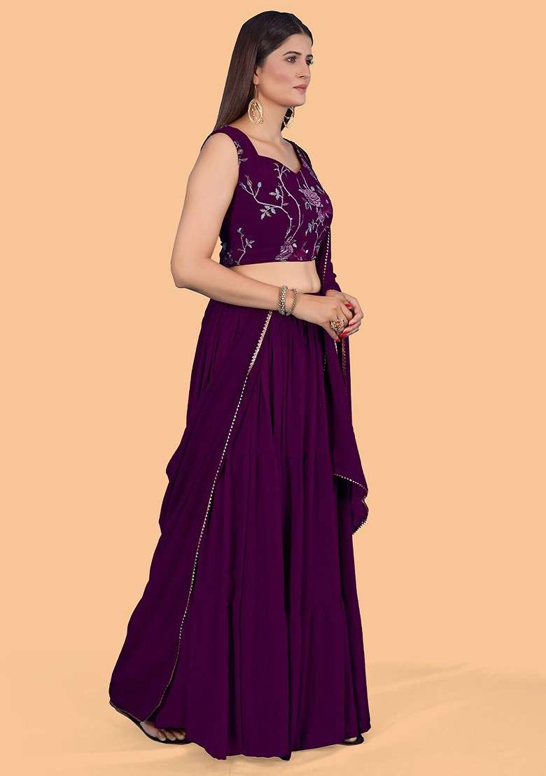 Purple Emboridered Blended Lehenga Choli - Indya