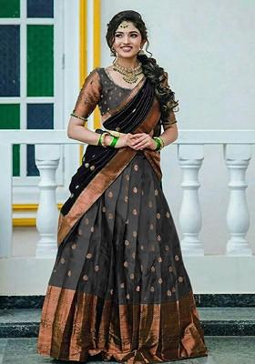Grey Emboridered Blended Lehenga Choli