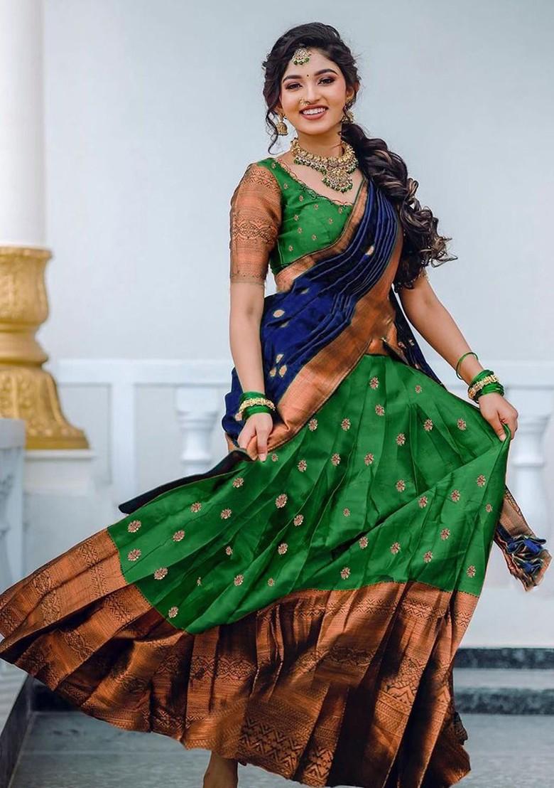 Green Woven Design Blended Lehenga Choli - Indya