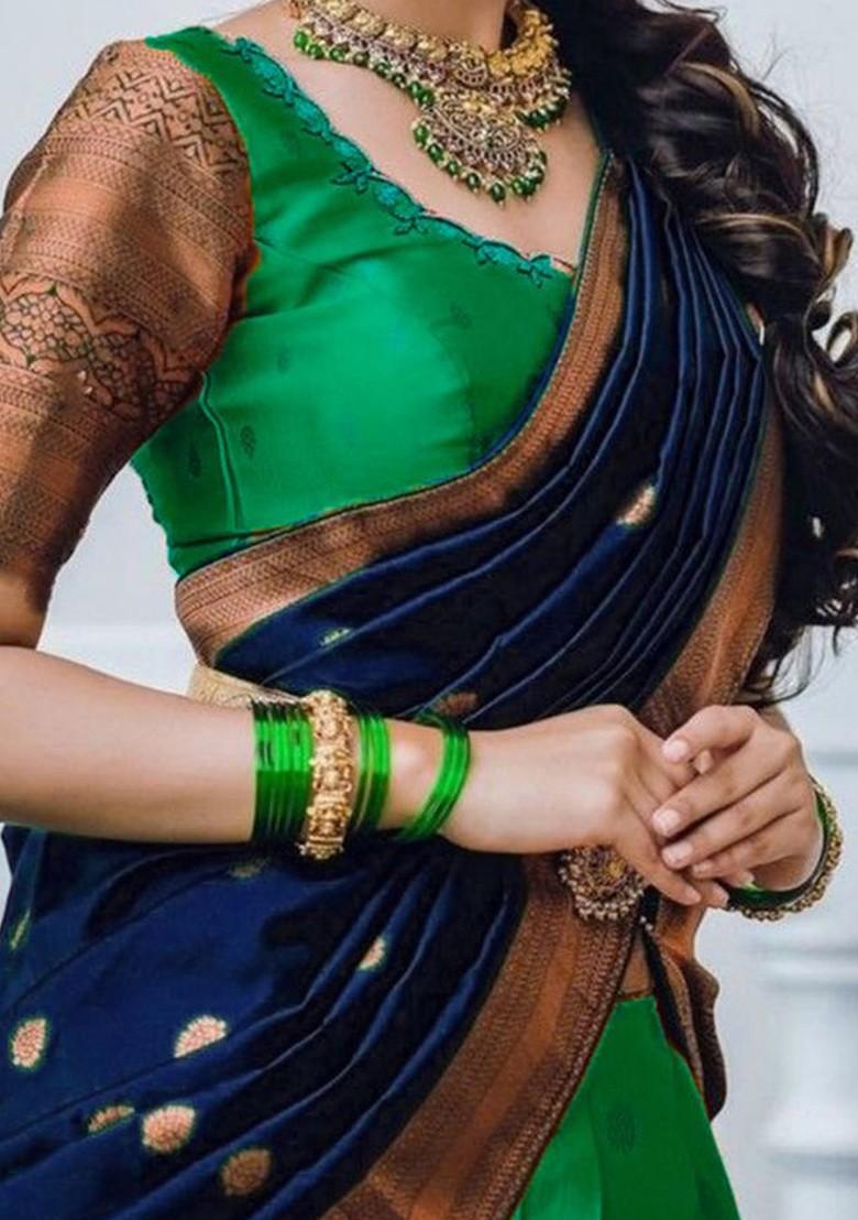 Green Woven Design Blended Lehenga Choli - Indya