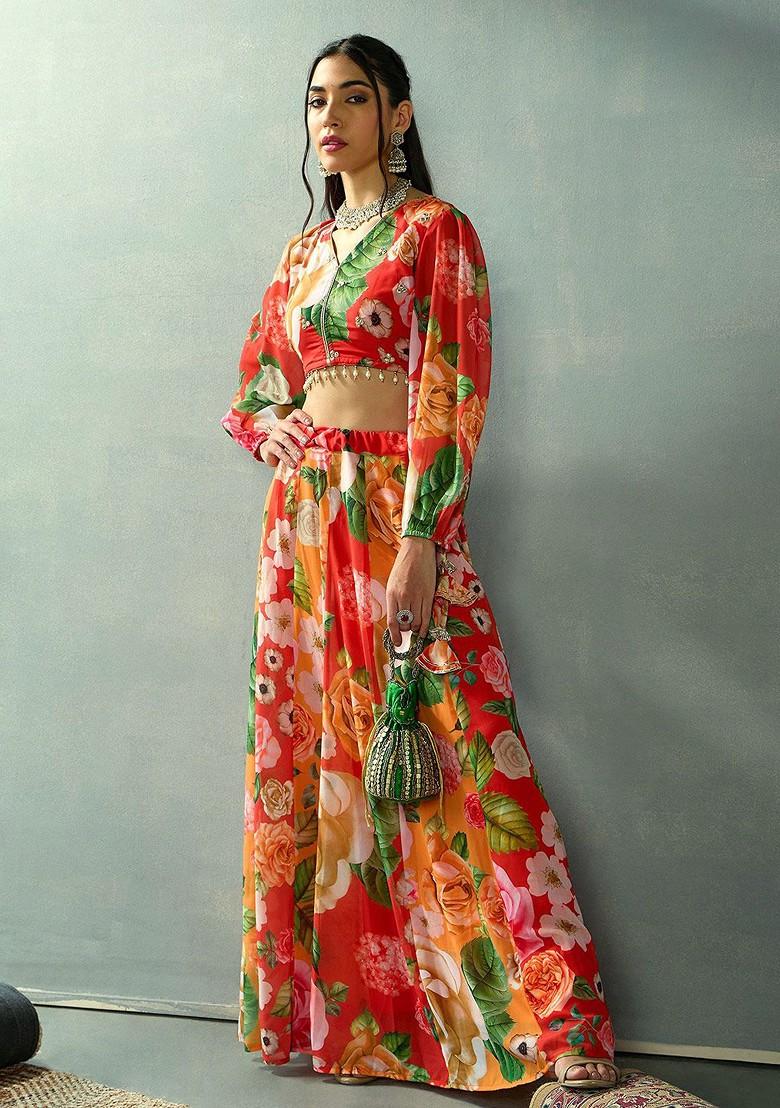 Red Printed Blended Lehenga Choli - Indya