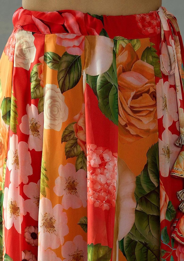 Red Printed Blended Lehenga Choli