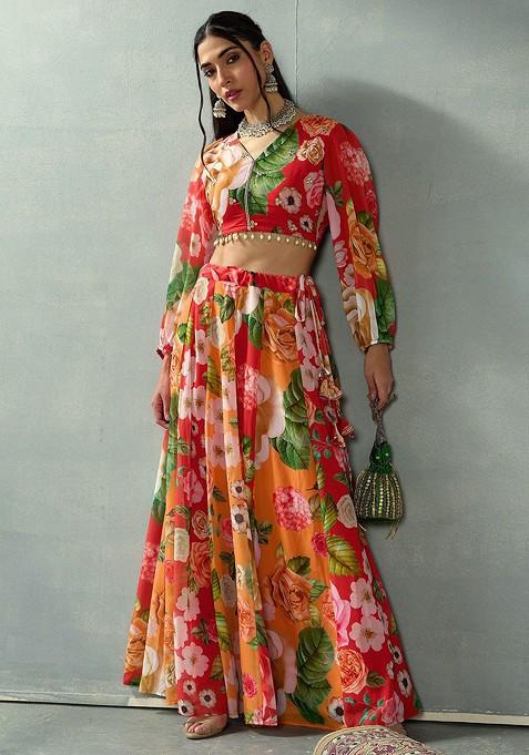 Red Printed Blended Lehenga Choli