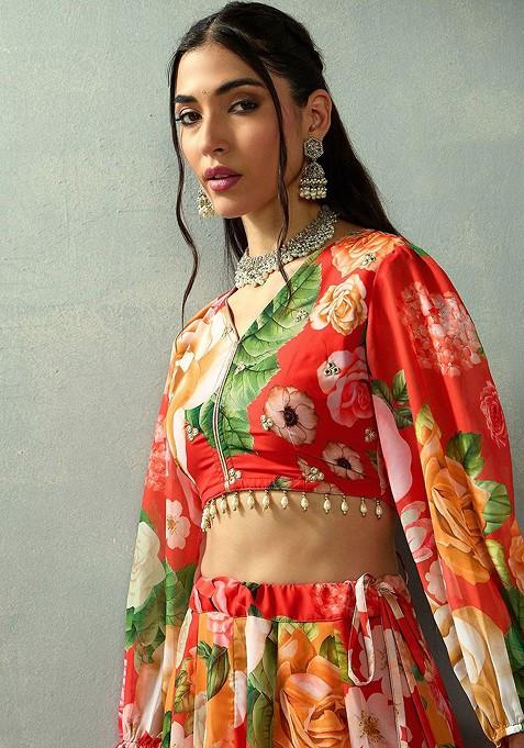 Red Printed Blended Lehenga Choli