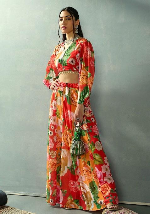 Red Printed Blended Lehenga Choli