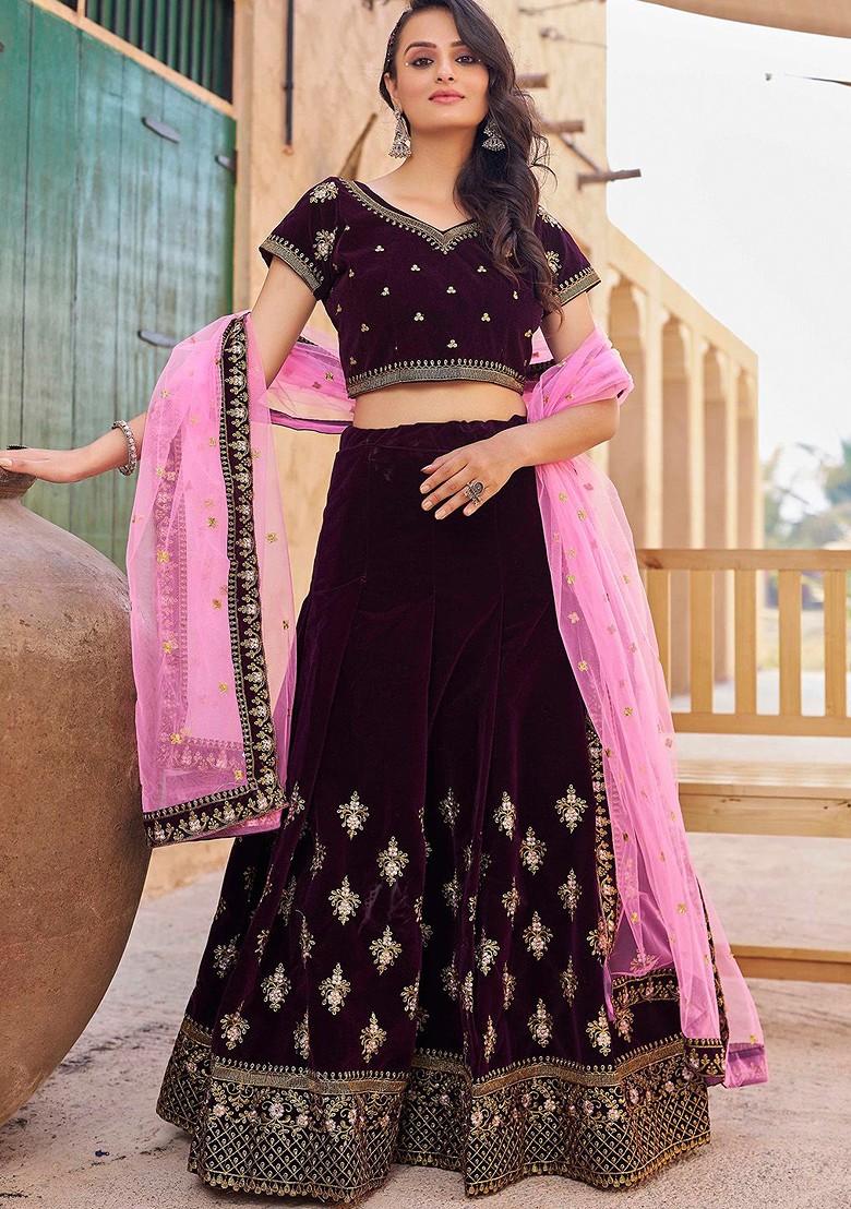 Purple Emboridered Blended Lehenga Choli - Indya