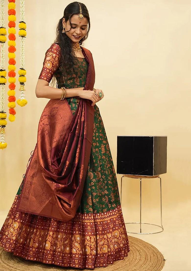 Green Zari Work Blended Lehenga Choli - Indya