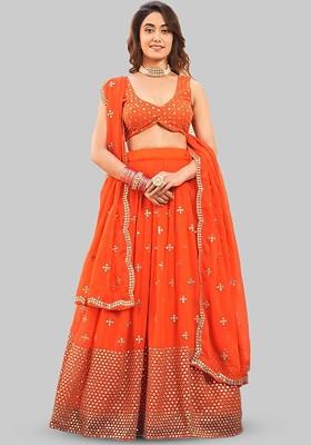 Orange Emboridered Blended Lehenga Choli