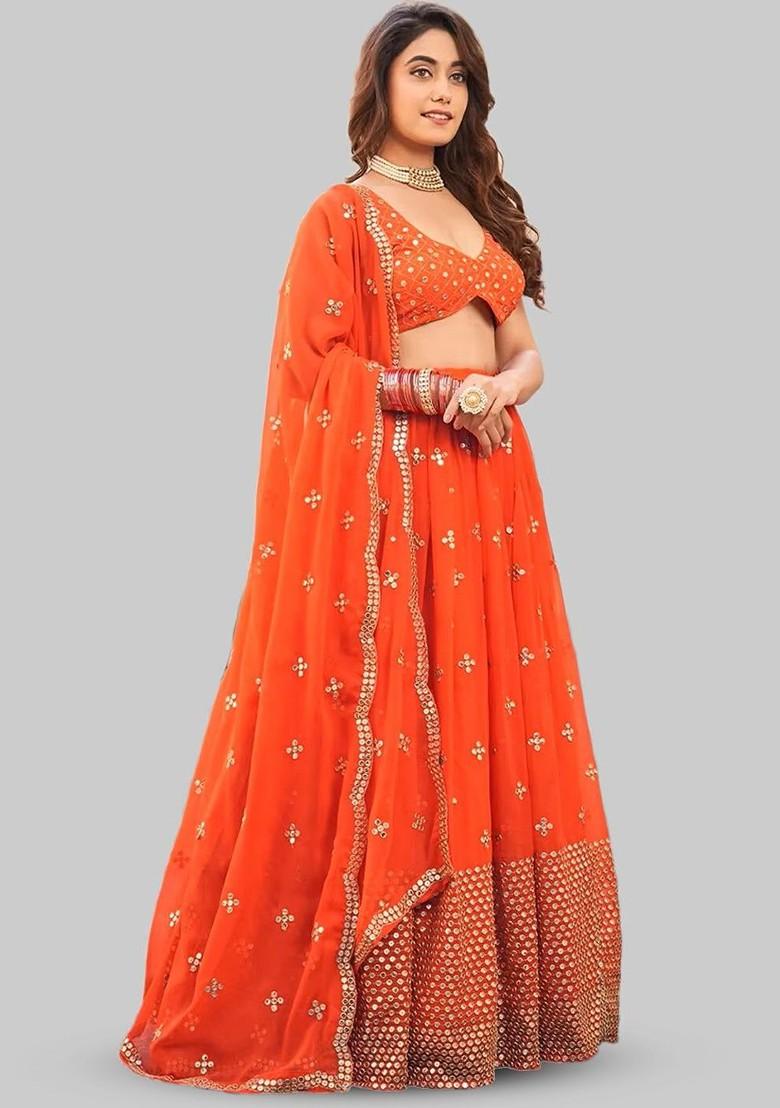 Orange Emboridered Blended Lehenga Choli - Indya
