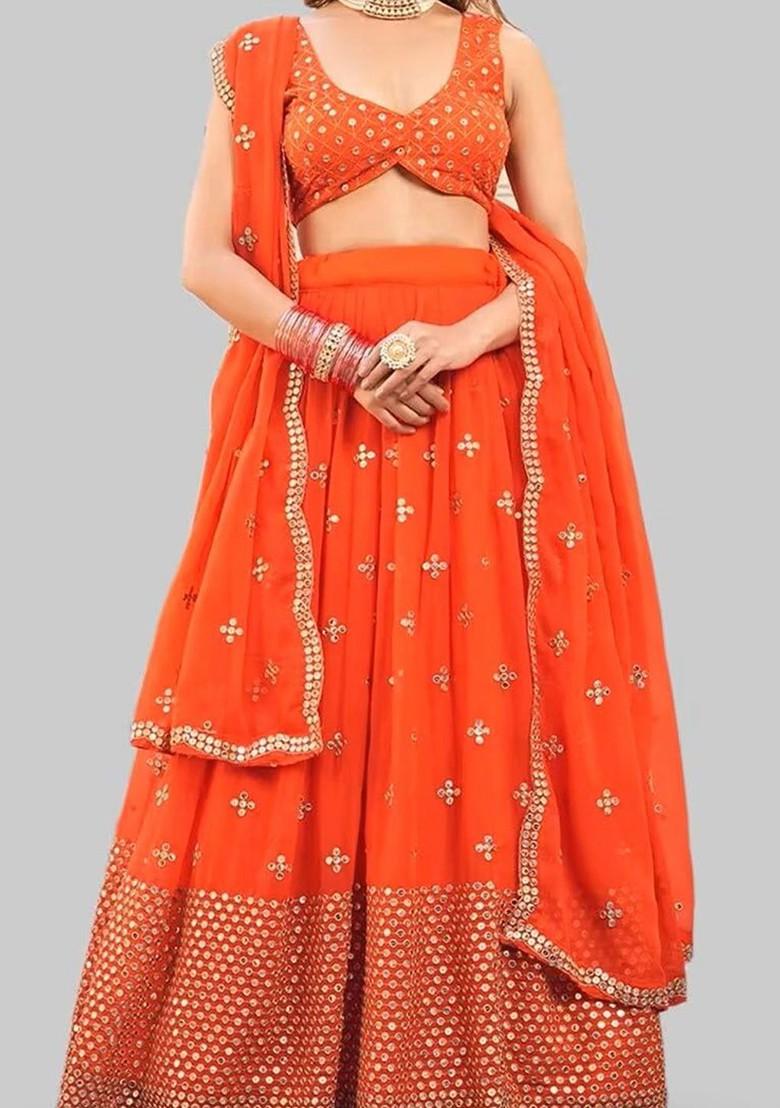 Orange Emboridered Blended Lehenga Choli - Indya