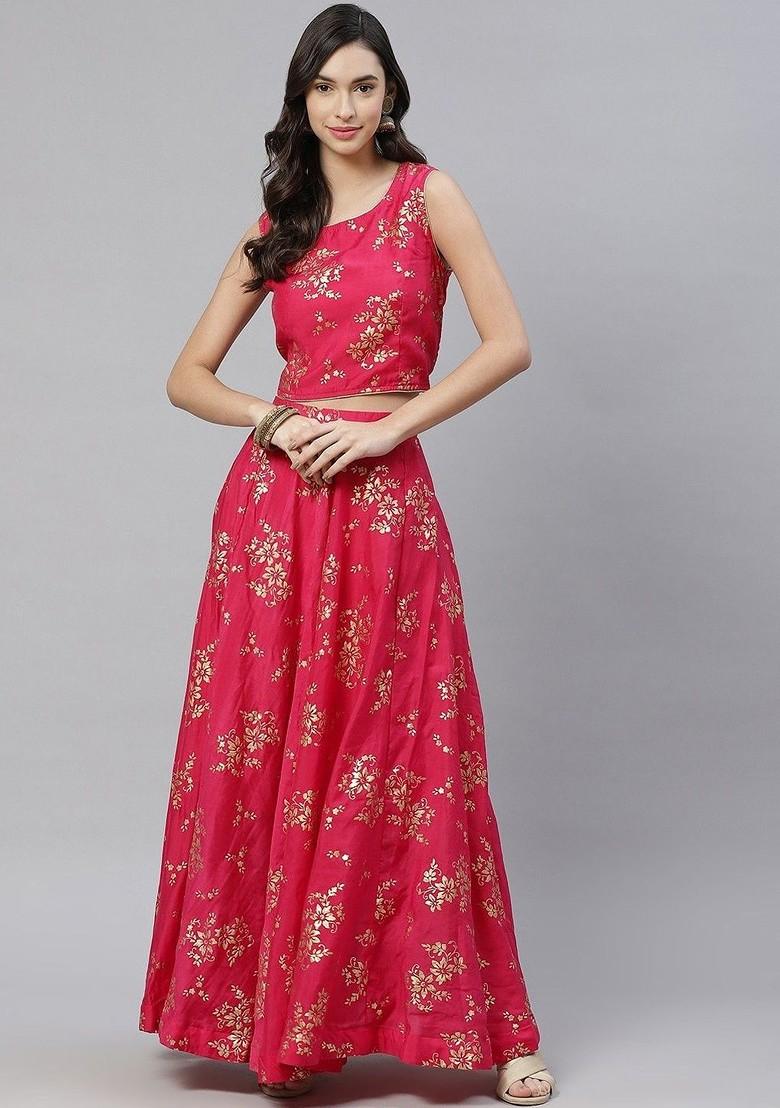 Pink Printed Blended Lehenga Choli