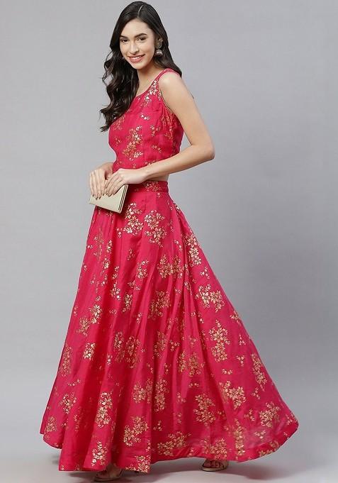 Pink Printed Blended Lehenga Choli