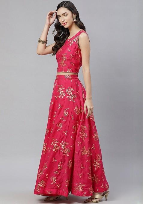 Pink Printed Blended Lehenga Choli