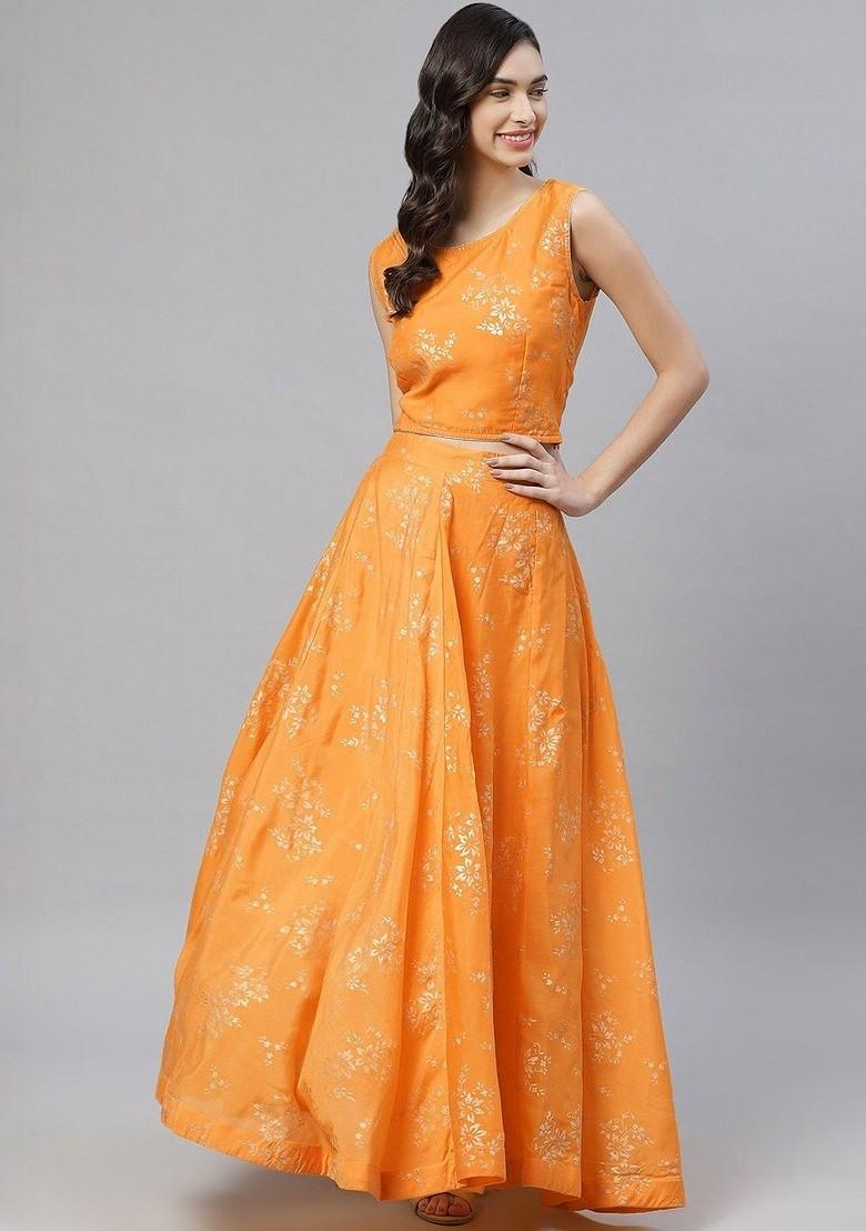 Yellow Printed Blended Lehenga Choli - Indya