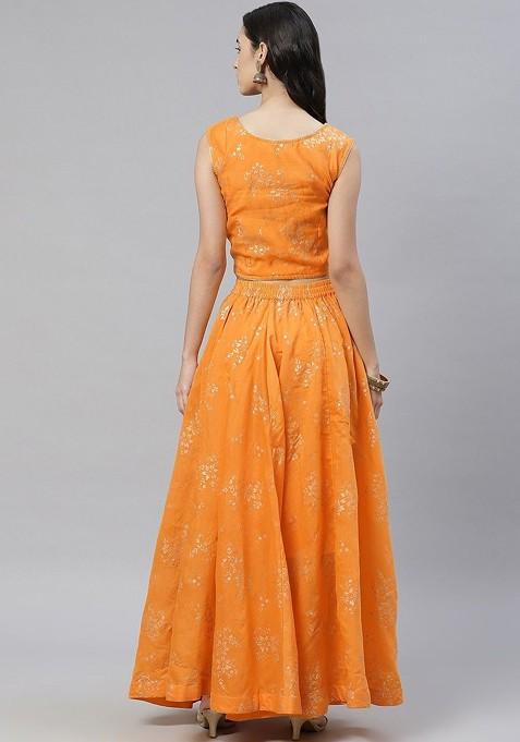 Yellow Printed Blended Lehenga Choli