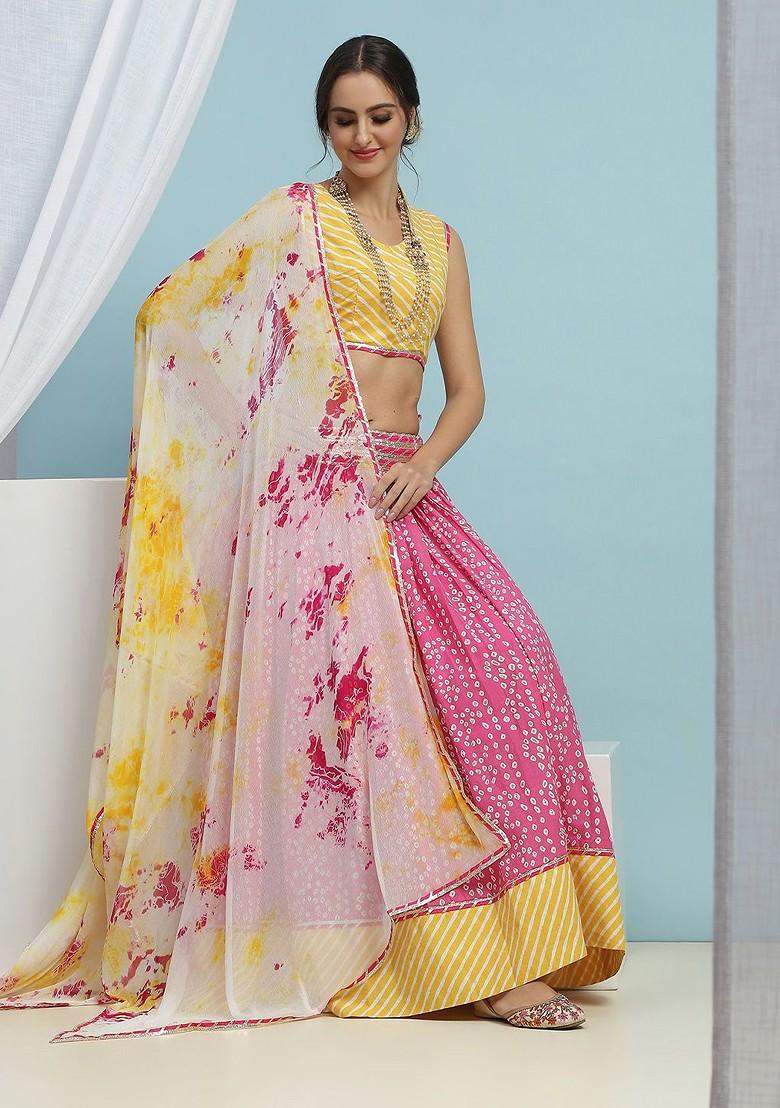 Yellow Printed Blended Lehenga Choli - Indya