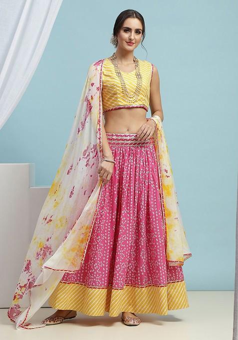 Yellow Printed Blended Lehenga Choli