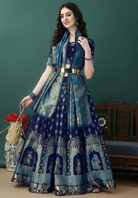 Blue Emboridered Blended Lehenga Choli