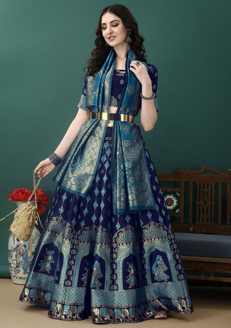 Blue Emboridered Blended Lehenga Choli - Indya