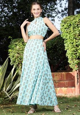 Blue Printed Blended Lehenga Choli