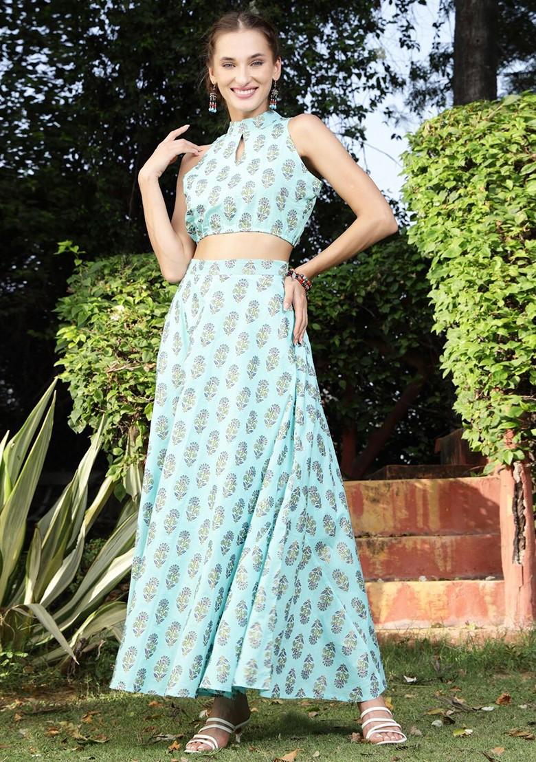 Blue Printed Blended Lehenga Choli