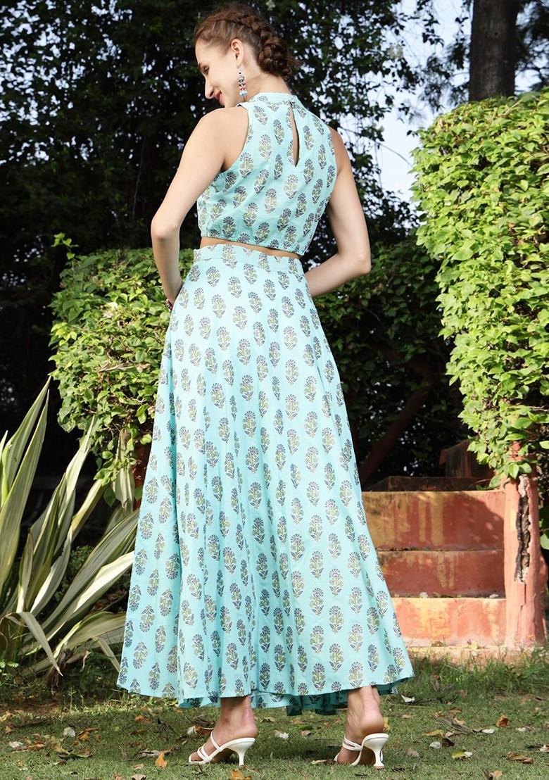 Blue Printed Blended Lehenga Choli